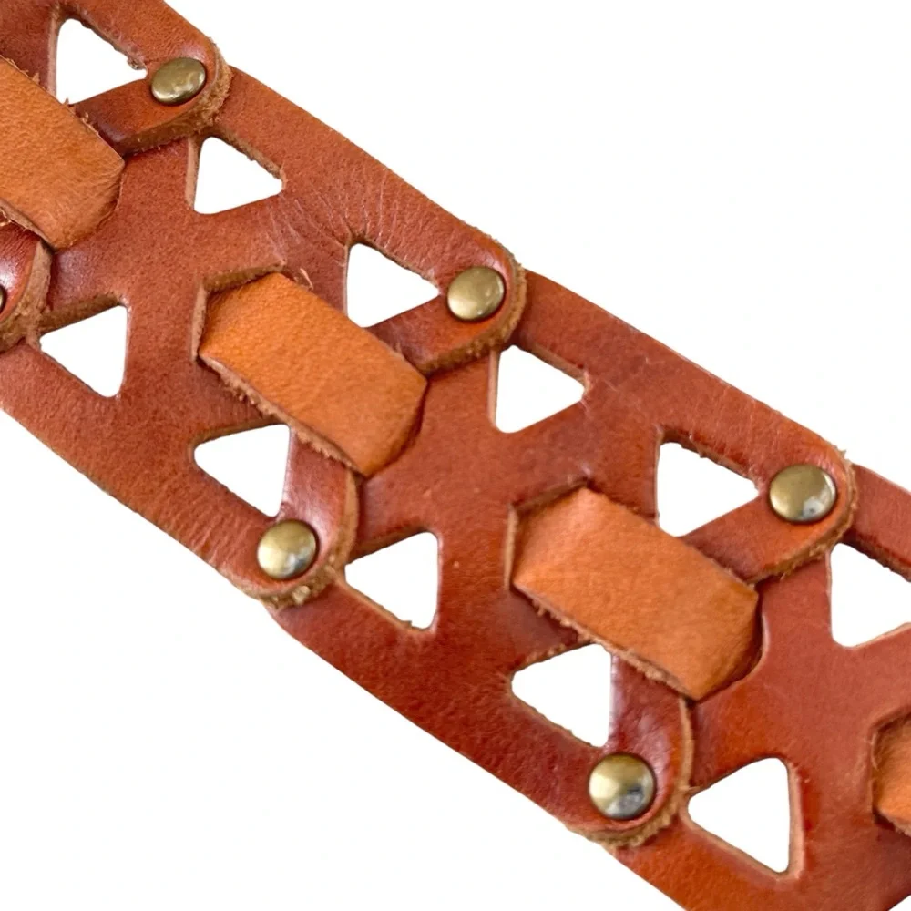 Cognac Brown Wide Waist Oversized Studded Leather Belt Festival 90s Size S